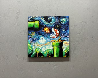 Abstrakte Leinwand Kunst, Van Gogh Mario Leinwand, Super Mario Leinwand, Moderne Mario Welt Gedruckt, Mario Welt Kunst Leinwand, Modernes Poster,