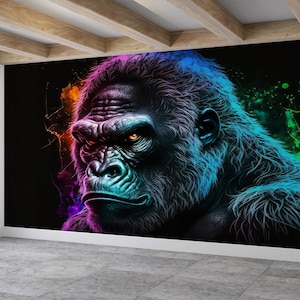 Carta da parati murale astratta Gorilla, carta da parati moderna, arte di carta animale, arte di carta Gorilla, carta adesiva, arte murale della sala giochi, decalcomania murale moderna,