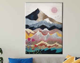 Può includere: Dipinto astratto di un paesaggio montano con un sole rosa, uccelli e montagne colorate nelle tonalità di blu, marrone, rosa e giallo. L'opera presenta un lago e fiori, creando una scena naturale serena.