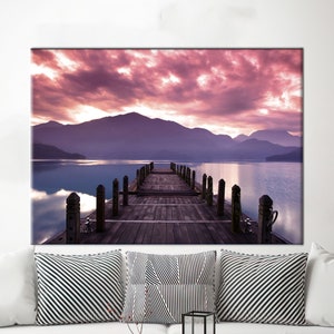 Obras de arte del paisaje del muelle, lienzo de nubes rosas, lienzo de paisaje marino, hermosas obras de arte de las nubes, obras de arte del paisaje de montaña, lienzo del atardecer,