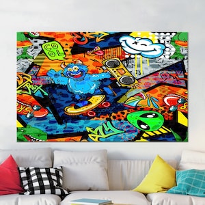 Wand-Dekor, Leinwand Kunst, Wohnzimmer Wandkunst, Alien Leinwand Poster, Skate Park Leinwand Druck, Cartoon Graffiti Leinwand Kunst,