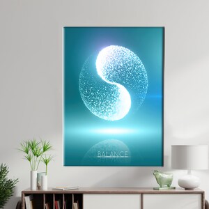 May include: A teal blue canvas print with a white glowing yin yang symbol in the center. The symbol is made up of small white dots. The word "BALANCE" is printed in white at the bottom of the print.