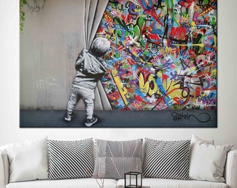 Banksy Boy Printed, Banksy Wall Art, Painting Poster, Martin Watson Wall Art, Abstract Wall Decor, Behind the Curtain Art Canvas,