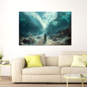 Epische Meerespartie Wandkunst, Surreale Meereswelle mit mystischer Figur Poster, Fantasy Landschaft Dekor für mutige und spirituelle Innenräume