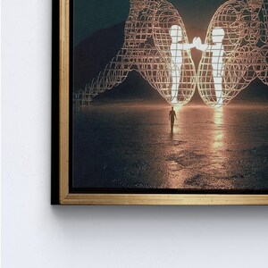 Twee mensen die elkaar de rug toekeren bij Burning Man, moderne muurkunst, trendy canvas kunst, kunst aan de muur cadeau paar, Gold Framed