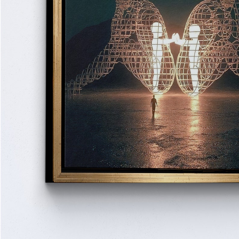 Twee mensen die elkaar de rug toekeren bij Burning Man, moderne muurkunst, trendy canvas kunst, kunst aan de muur cadeau paar, Gold Framed