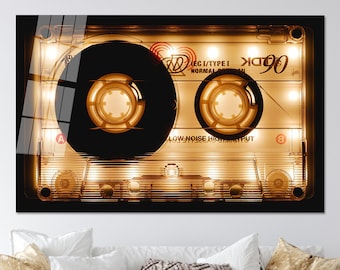 Retro Audio Cassette Glass Wall Art: Modern Music Decor