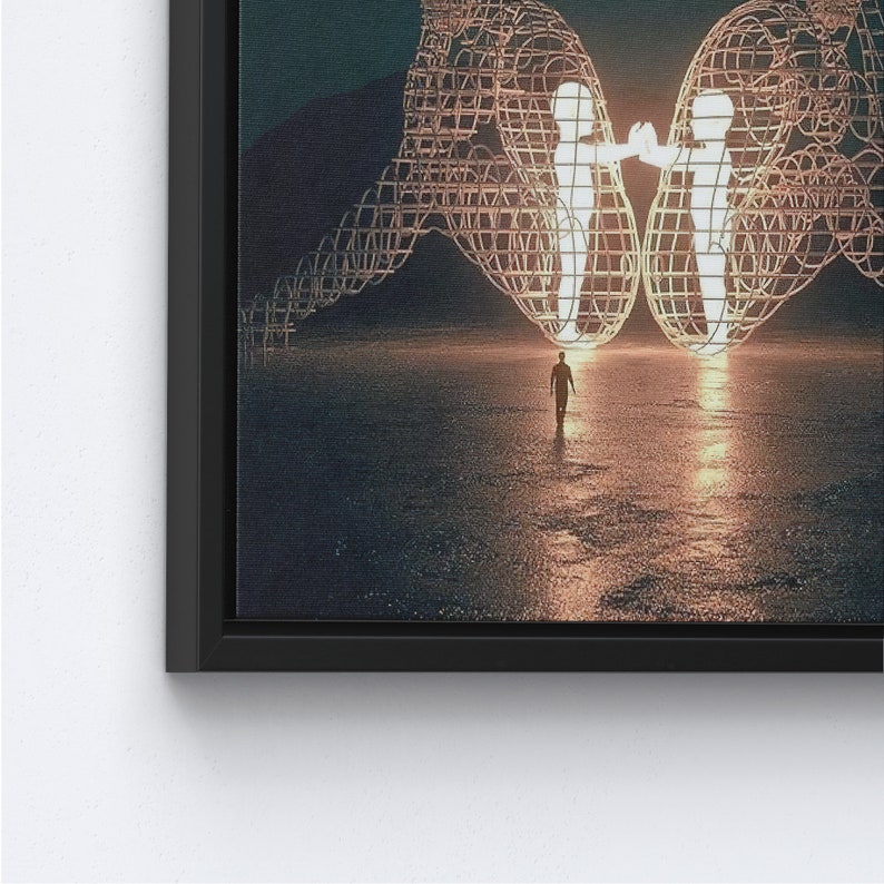 Twee mensen die elkaar de rug toekeren bij Burning Man, moderne muurkunst, trendy canvas kunst, kunst aan de muur cadeau paar, Black Framed