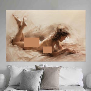 May include: A painting of a woman lying on a bed, with her head turned to the side and her eyes closed. The painting is done in a soft, muted palette of browns and creams.