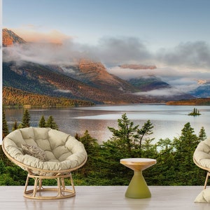 Saint Mary Lake Landscape Canvas,3d Wall Paper,Wild Goose Island Mural,Bright Wall Paper,Custom Wall Paper,Nature Landscape Wallpaper,
