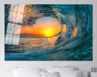 Sunset Wave Tempered Glass Printing: Coastal Wall Decor
