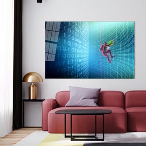May include: A digital art print featuring a person falling through a blue and white binary code background. The person is wearing a red shirt and black pants and is holding a laptop. The background is a grid of binary code with a red line running through the center.