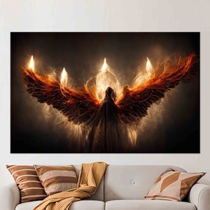 Art mural encadré, Lucifer avec ailes de feu brillantes, cadeau pour lui, toile d’art abstrait, grand art mural, décor mural d’ange,