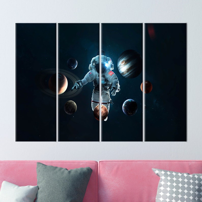 Solar System Wall Art, Modern Canvas Art, Space Wall Decor, Astronaut Printed, Abstract Wall Art, Kids Printed, Space Landscape Wall Decor, 4P: Gallery Wrapped