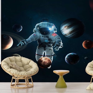 Carta da parati personalizzata, decorazione murale dell'astronauta, arte della parete del sistema solare, carta da parati peel and stick, carta da parati luminosa, carta da parati spaziale,