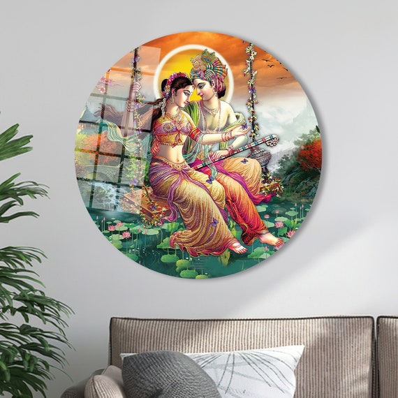 Radha Krishna Glass Wall Art: Hindu Mural Painting