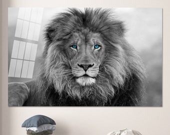 Blue Eyed Lion Glaskunst: Gehärteter Glasdruck der Wildnis