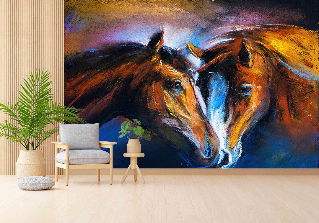 Two Horses Painting Wall Art Horse Wall Paper Animal Wall Etsy