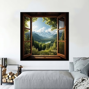 Decor Canvas, Rustic Window Print Canvas Decor, Window Landscape Wall Art, Landscape Poster, Window Frame Wall Art, Kitchen Decor Art,