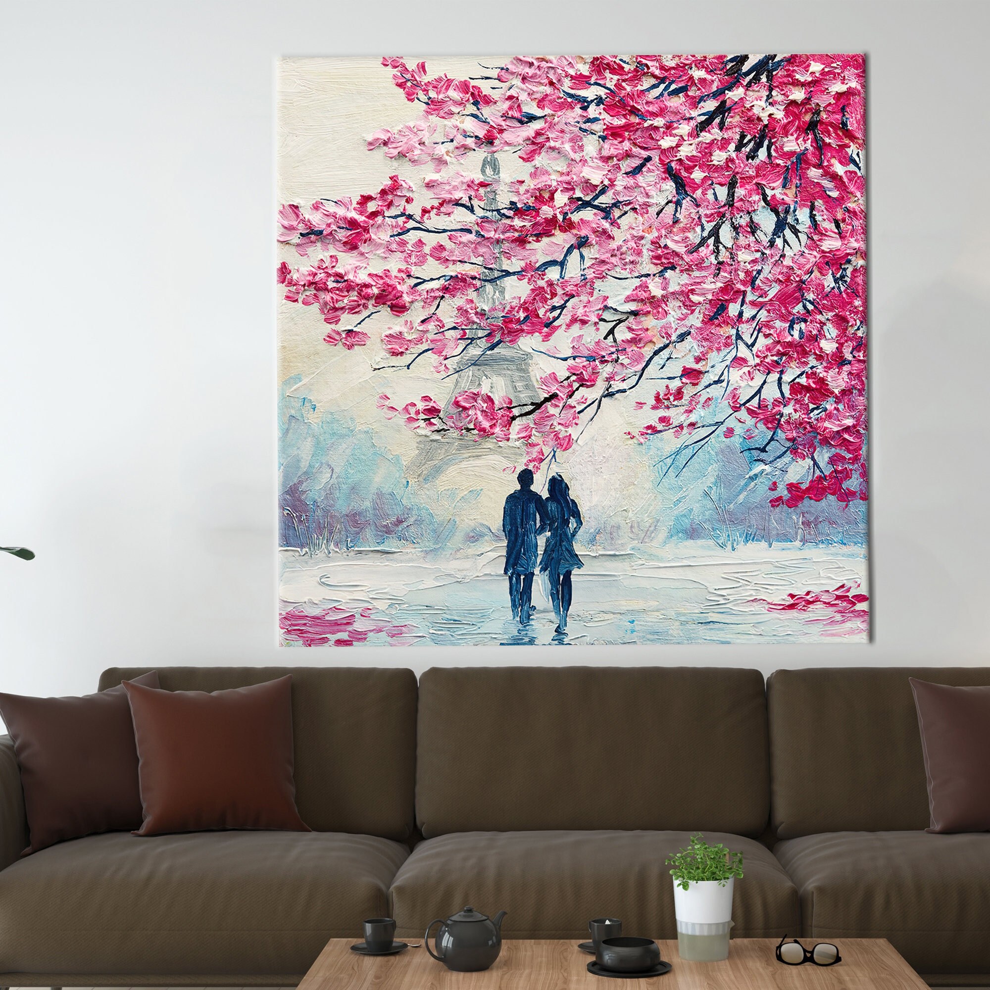 Abstract Eiffel Art, Oil Painting Print, Valentines Day Art Canvas, Landscape Wall Decor, Couple Canvas, View Wall Decor, Eiffel Canvas,
