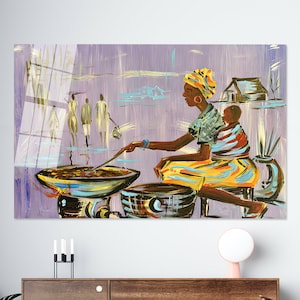 African Mother Cooking Glass Wall Art: Ethnic Home Decor