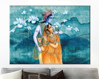 Radha Krishna Hindu Couple, Indian Wall Decor, Hindu Couple Printed, Radha Krishna Art Canvas, Hindu Wall Art, Hindu Gift Wall Decor,