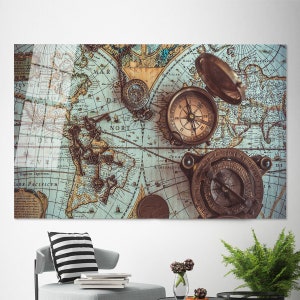 Antieke wereldkaart kunst aan de muur, messing zak kompas kunst aan de muur, kompas wand decor, kaart kunst aan de muur, gehard glas, kunst aan de grote muur, kantoor kunst aan de muur