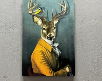 3D Wall Art, Wall Art, Canvas, Deer in Suit, Animal Kingdom Canvas Art, Abstract Deer Canvas Decor, Animal Wall Art,