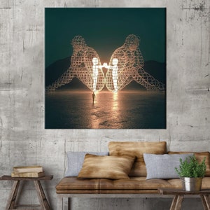 Twee mensen die elkaar de rug toekeren bij Burning Man, moderne muurkunst, trendy canvas kunst, kunst aan de muur cadeau paar, afbeelding 2