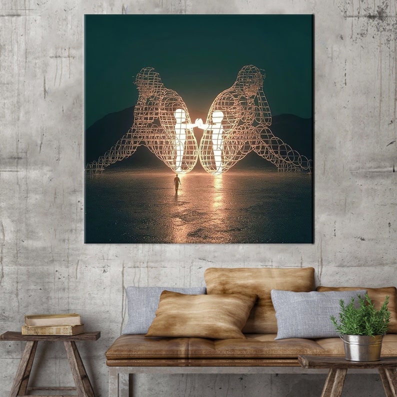 Twee mensen die elkaar de rug toekeren bij Burning Man, moderne muurkunst, trendy canvas kunst, kunst aan de muur cadeau paar, afbeelding 2