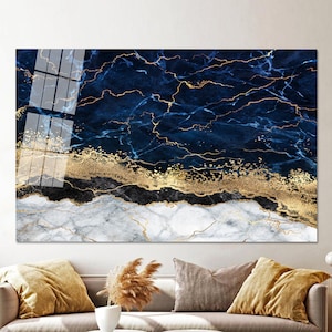 Glass Wall Decor, Gold Glass Wall Art, Modern Glass, Glass Custom For Art, Tempered Glass, , Blue Wall Decoration,