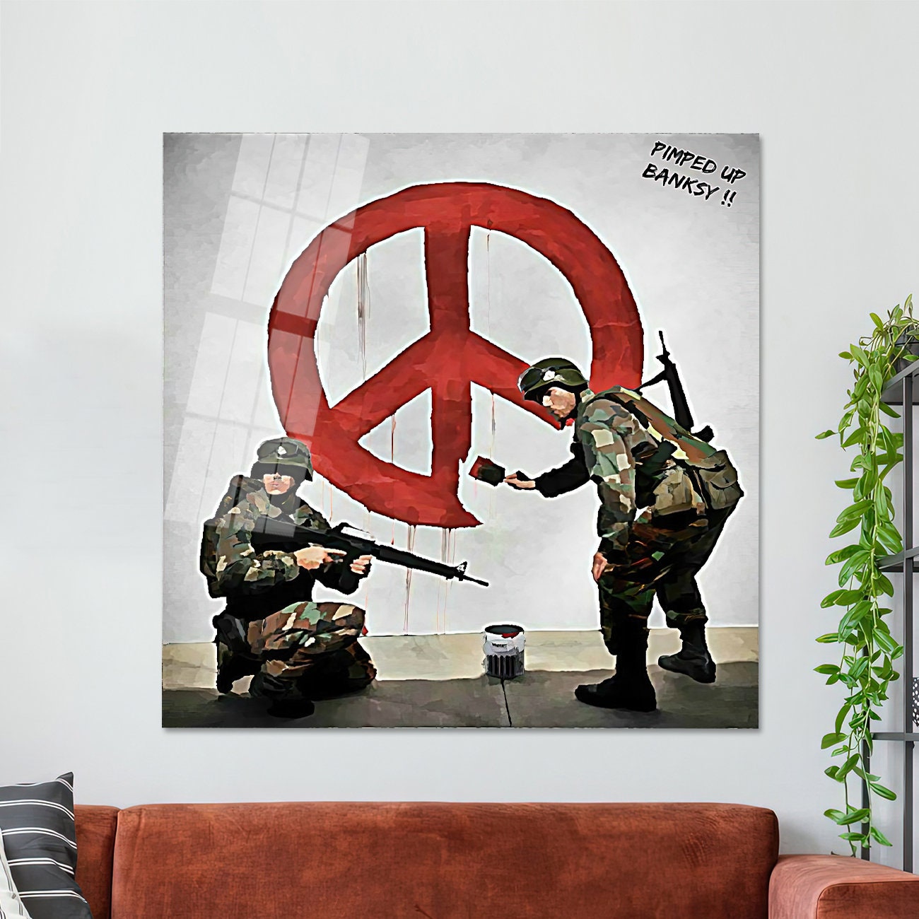 額装品/バンクシー/Peace Soldiers/ポスター/アート/インテリア Banksy Soldiers Peace Sign Glass Wall Art: Street Art Decor - Etsy