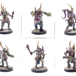 May include: Six painted miniature figures of grotesque, undead creatures with horns, claws, and weapons. The figures are posed in various fighting stances and are painted in shades of gray, green, and purple.