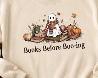 Book Lover PNG, Books Before Boo Ghost Design, Fall Bookish Reader Sublimation PNG, Cozy Bookworm Ghost PNG, Halloween Reading Shirt