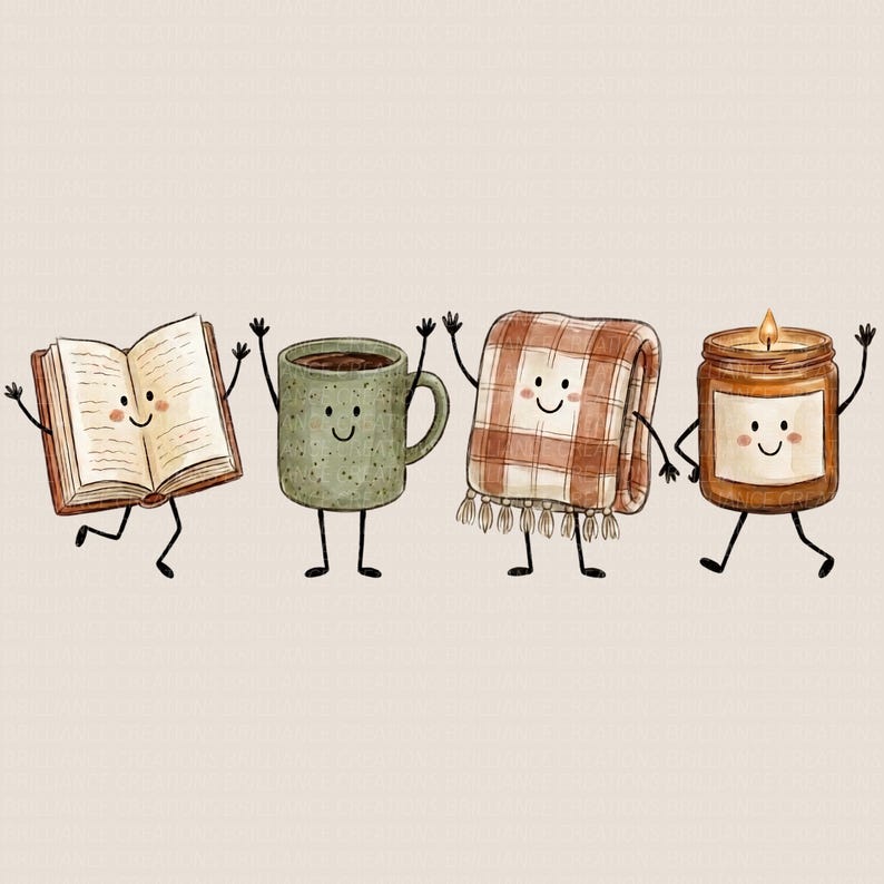 Cute Book Lover PNG | Reading Doodle Friends | Coffee Mug Candle Blanket Book PNG | Bookish Sublimation Design | Reader Graphic Download image 3