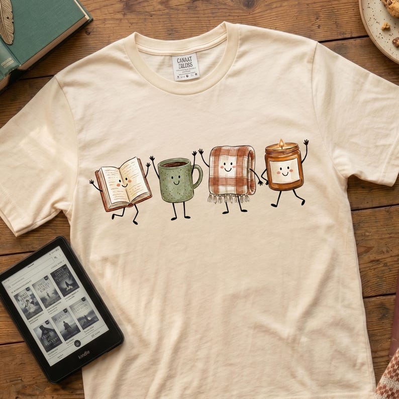 May include: A cream-colored short-sleeve t-shirt featuring a graphic print of four anthropomorphic characters: an open book, a green mug, a brown plaid blanket with fringe, and a lit candle in a jar, all with smiling faces and thin limbs.