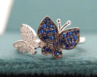 Blauer Saphir Diamant Schmetterling Ring, Insekt Inspire Ring, Pave Set Rundschliff Diamantring, Einzigartiger Schmuck, Schmetterling Verlobungsring