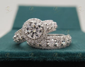 3 CT New Gorgeous Round Moissanite Bridal Set ~ Round Cut Diamond Bridal Set ~ Halo Engagement Wedding Band Set~ Moissanite Bridal Ring Set