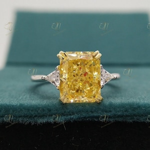 3.50 ct Yellow Radiant Diamond Solitaire Engagement Ring, 10*8 MM Radiant & Trilliant Cut Sides, Two Tone Ring Three Stone Ring Wedding Ring