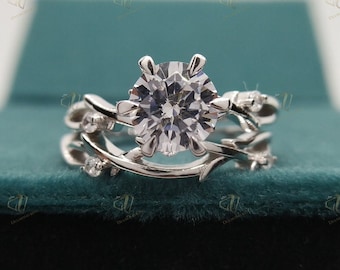 1.70 CT Dainty Twig Engagement Set, Twig Wedding Ring Set, Moissanite Twig Ring, Silver Branch Bridal Set Nature Engagement Set, Bridal Ring