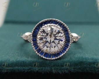Art Deco 2.00 carat round cut moissanite ring, halo sapphire ring antique engagement ring In sterling silver vintage bridal ring estate ring
