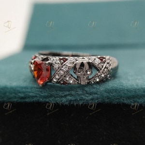 1.00 Ct Red Heart Cut Diamond & Skull Engagement Ring Black Face Skull Ring Gothic Two Skull Face Ring Black Ring Anniversary Punk Ring Gift