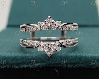 1 Ct Round Moissanite Women's Vintage Enhancer Wedding Ring Band, Silver Band, Wrap Guard Band, Crown Anniversary Spacer Band Wraps For Ring