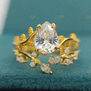 Unique Moissanite Wedding Band Bridal Ring Set ~ Pear Cut Moissanite Engagement Ring Set ~ Natural Leaf Branch Ring Set ~ Promise Ring Sets