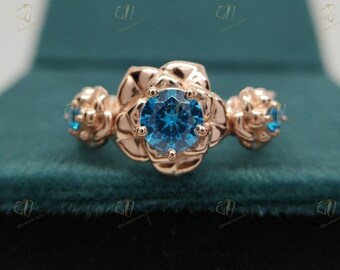 Unique Rose Flower Anniversary Ring London Blue Topaz Rose Flower 925 Silver Engagement Ring Two Tone Ring Wedding Ring Promise Ring For her