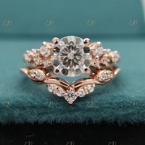 Infinity Moissanite Engagement Ring Set Rose Gold Bridal Set 1.2ct Solitaire Moissanite Ring Cluster Diamond Band Half Eternity Set For Her
