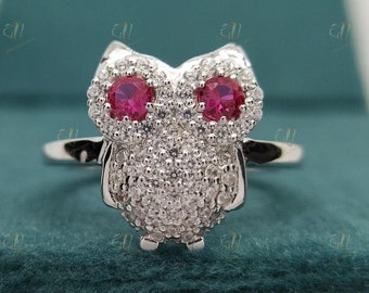 Owl ring with Pink diamonds eyes, silver owl jewelry, diamond owl ring, barn owl ring, Christmas gift, Engagement Ring Unique Ring For Women