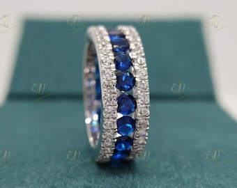 Mens Wedding Band Raised Center Channel Set Blue Diamonds Mens White Diamond Ring Mens Diamond & Sapphire Eternity Band Mens Engagement Ring