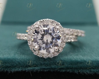 2.20 CT White Round Moissanite Promise Bridal Set ~ Round Cut Diamond Engagement Set ~ Halo Ring With Half Eternity Band ~ Wedding Ring Set