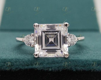 5.62 Ct Asscher Cut Moissanite Engagement Ring Three Stone Ring Diamond Promise Ring Propose Ring Ring for Women, Stack Ring, Promise ring